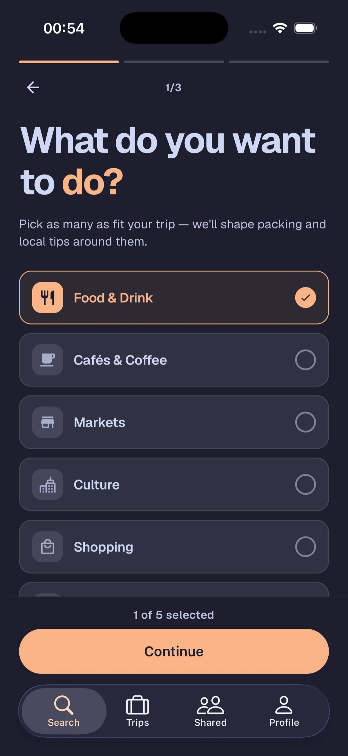 Activity selection screen