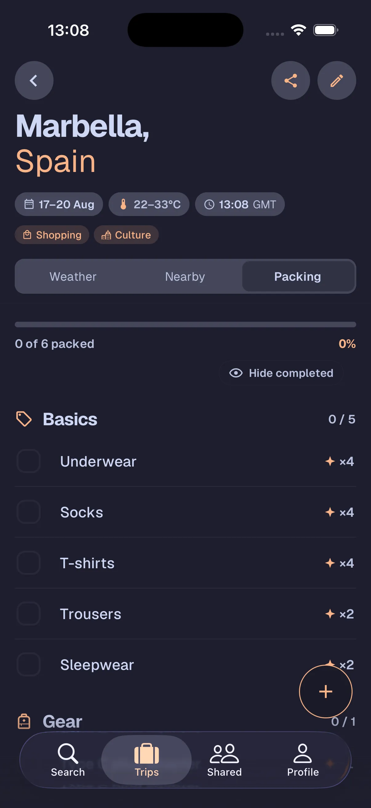 Personalized packing list screen