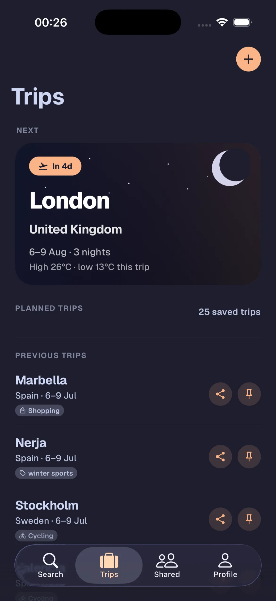 Saved trips list with pinned and archived trips