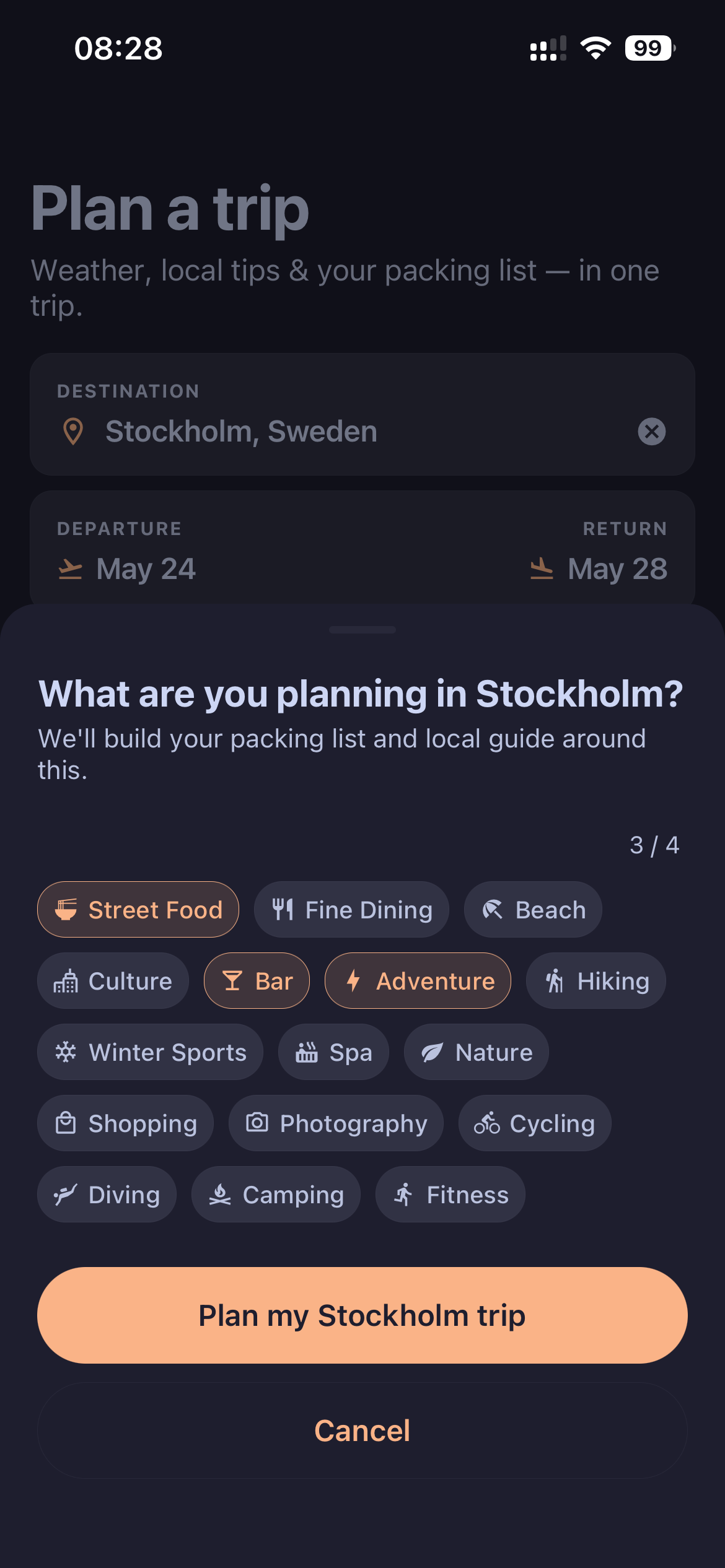Activity selection screen