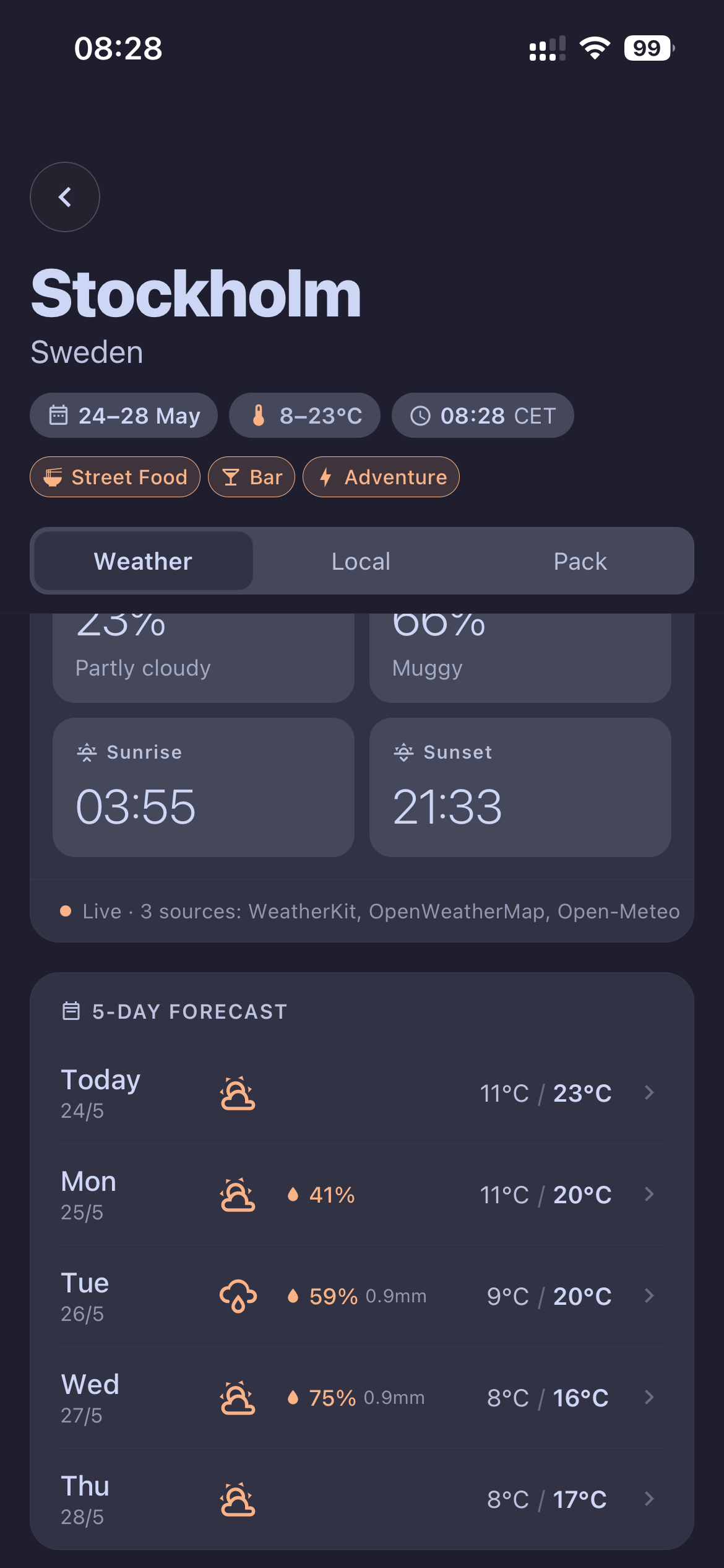 5-day weather forecast screen