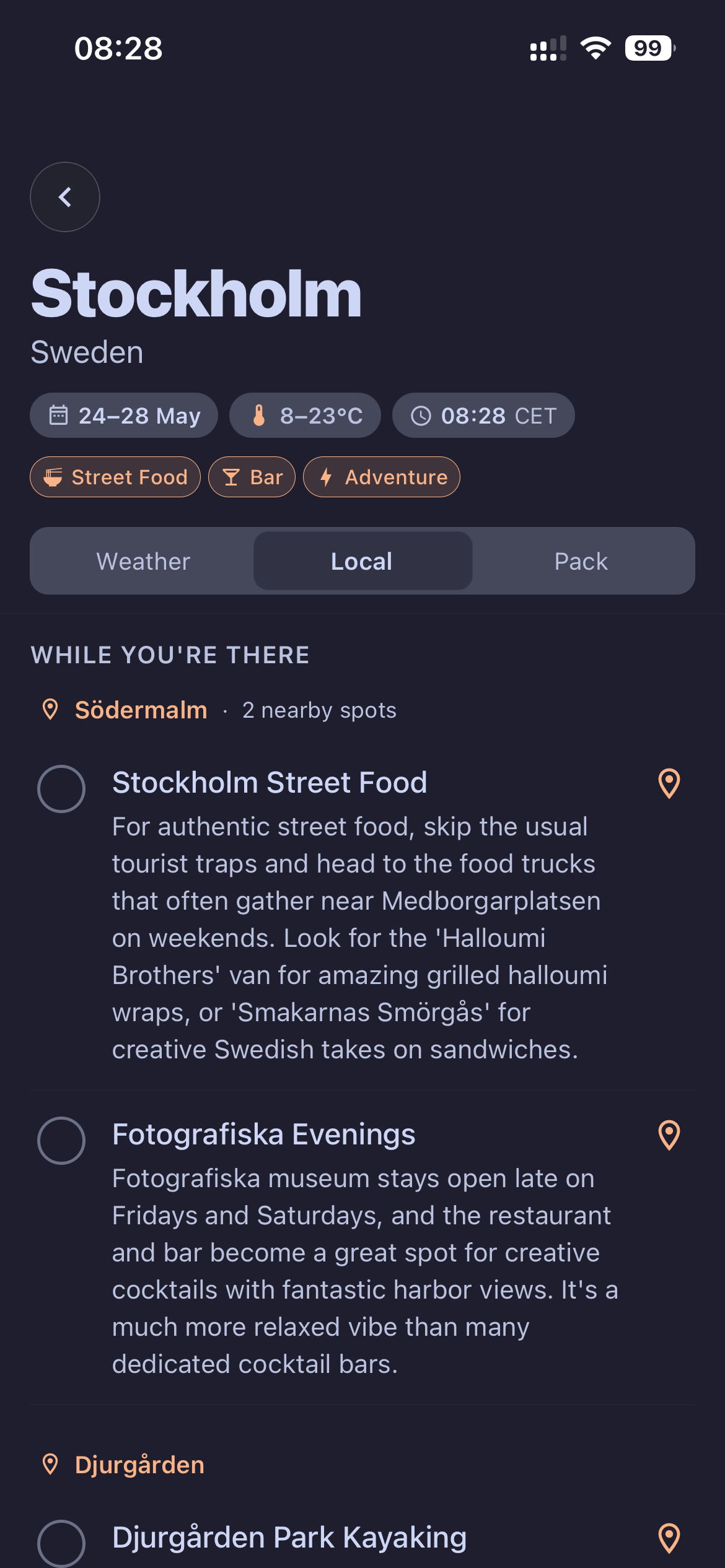 Local tips and neighborhood picks screen