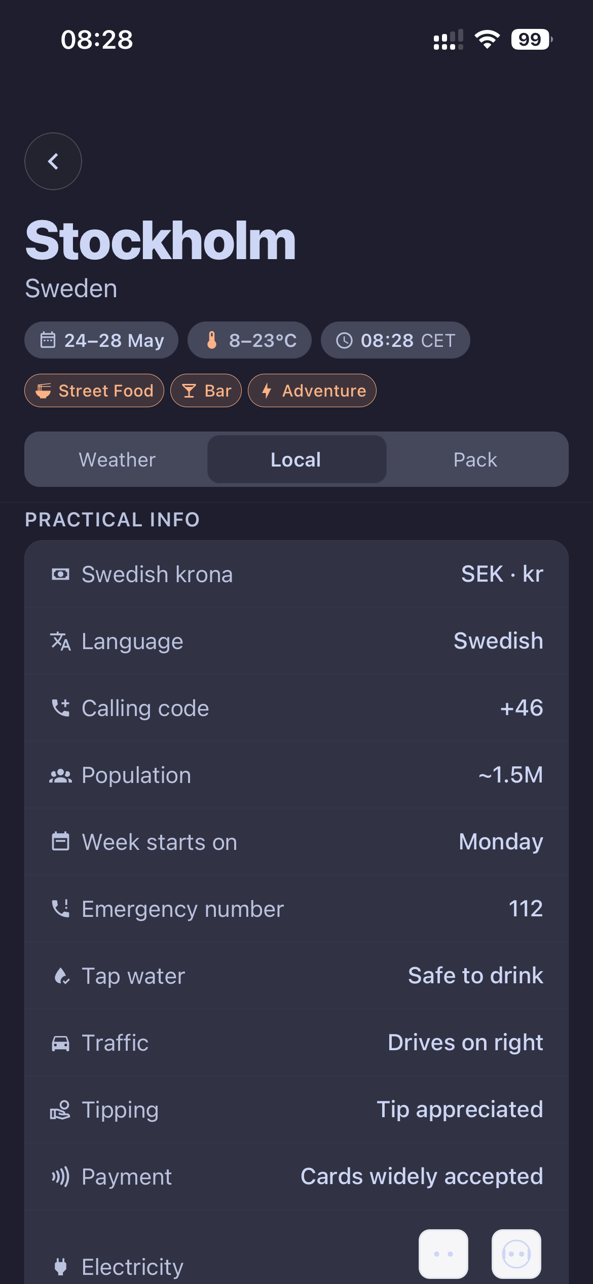 Practical travel info screen — currency, plugs, tipping