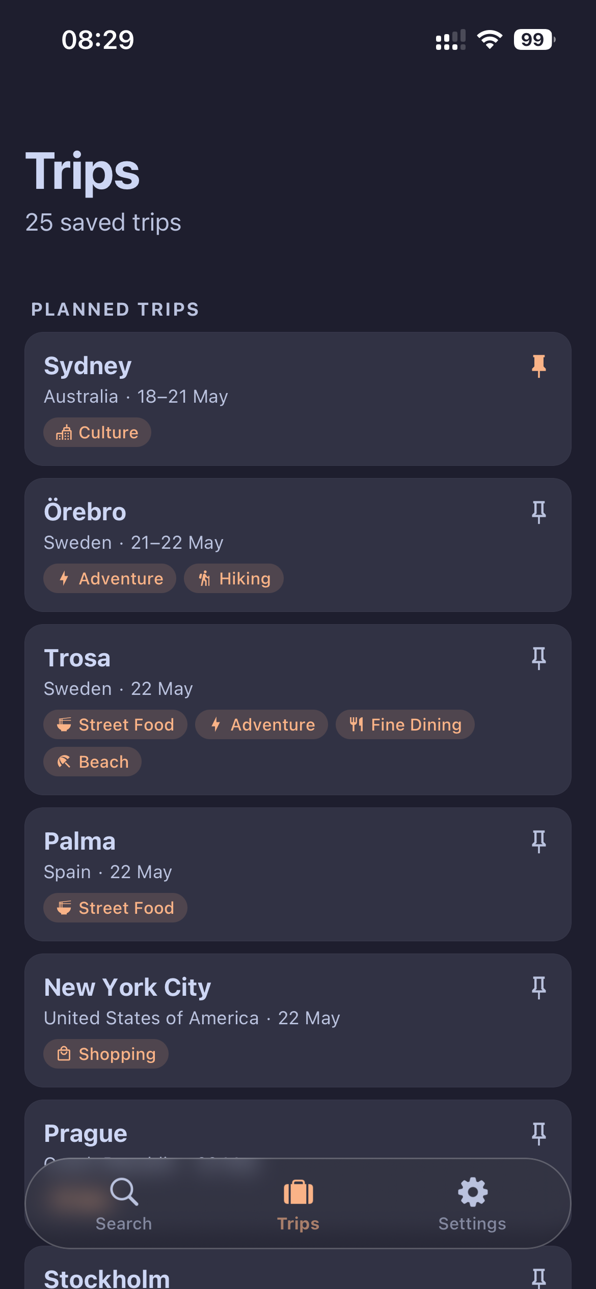 Saved trips list with pinned and archived trips